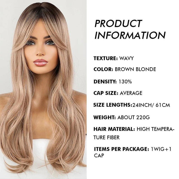 Long Light Ash Brown Blonde Natural Wavy Synthetic Wigs with Bangs Heat Resistant Fiber Daily Party Hair Cosplay Wigs for Women - Sunny Side Store Sunny Side Store  17.22