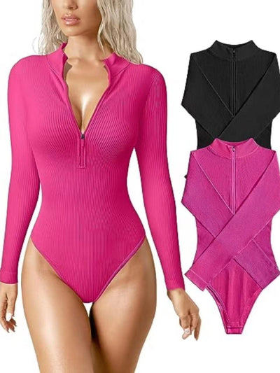 Long Sleeve Bodysuit Sexy Ribbed Bodysuit Front Zip Long Sleeve Top Bodysuit - Sunny Side Store