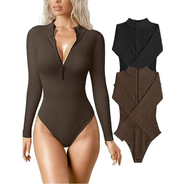 Long Sleeve Bodysuit Sexy Ribbed Bodysuit Front Zip Long Sleeve Top Bodysuit - Sunny Side Store