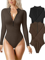 Long Sleeve Bodysuit Sexy Ribbed Bodysuit Front Zip Long Sleeve Top Bodysuit - Sunny Side Store