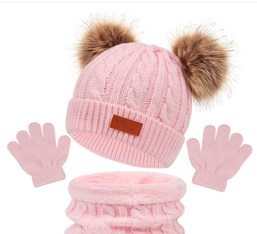 New Children's Hat, Scarf, Glove, Three Piece Set, Autumn and Winter New Warm Double Ball Baby Hat - Sunny Side Store