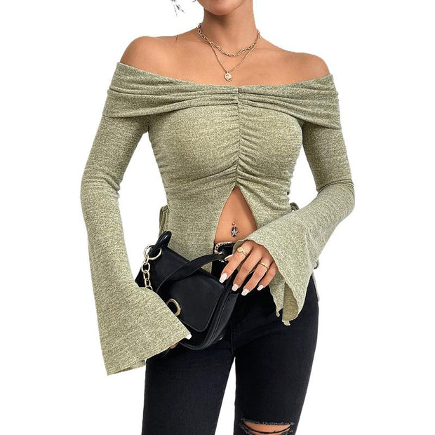 One line neckline split flared sleeve long sleeved knitted T-shirt top - Sunny Side Store