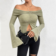 One line neckline split flared sleeve long sleeved knitted T-shirt top - Sunny Side Store