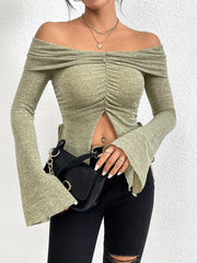 One line neckline split flared sleeve long sleeved knitted T-shirt top - Sunny Side Store