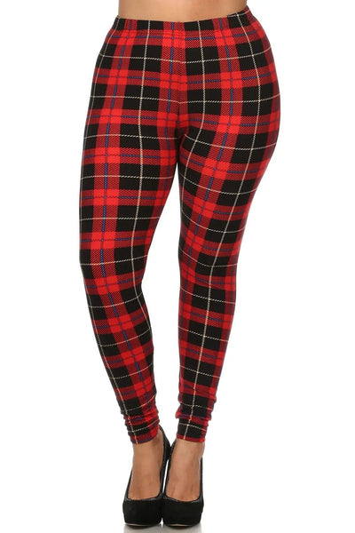 Plus Size Plaid & Checkered Print, Full Length Leggings In A Fitted Style CCWHOLESALECLOTHING