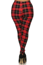 Plus Size Plaid & Checkered Print, Full Length Leggings In A Fitted Style CCWHOLESALECLOTHING