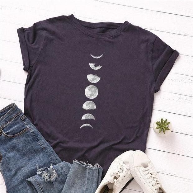 Plus Size S-5XL New Moon Planet Print T Shirt Women Shirts O Neck Short Sleeve Summer T-Shirt Tops - Sunny Side Store