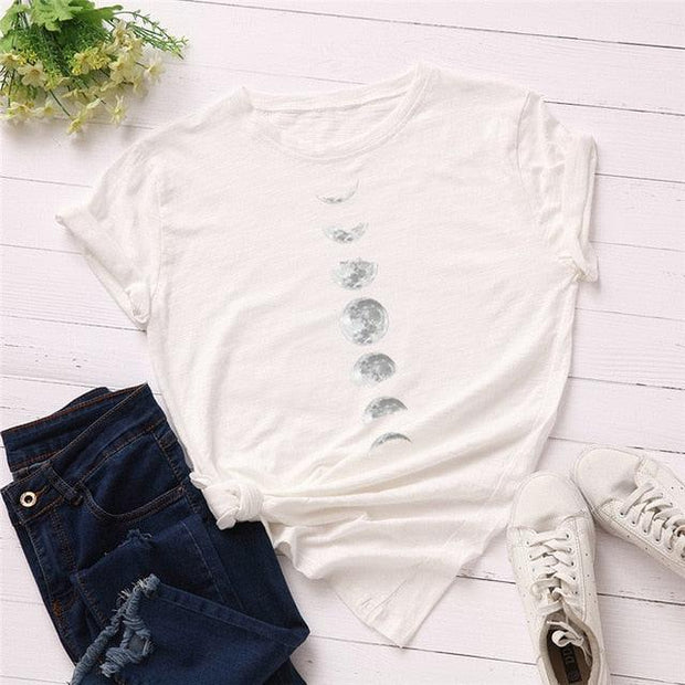 Plus Size S-5XL New Moon Planet Print T Shirt Women Shirts O Neck Short Sleeve Summer T-Shirt Tops - Sunny Side Store