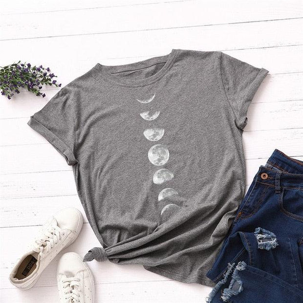 Plus Size S-5XL New Moon Planet Print T Shirt Women Shirts O Neck Short Sleeve Summer T-Shirt Tops - Sunny Side Store