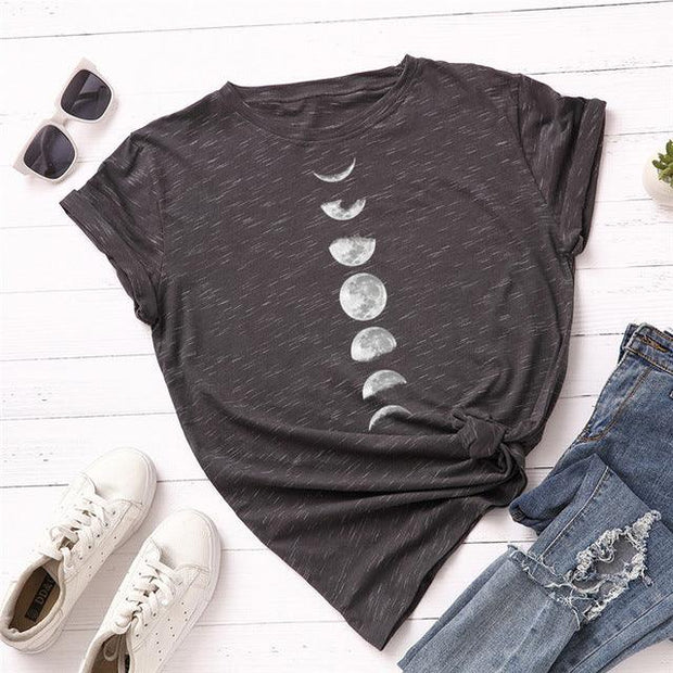 Plus Size S-5XL New Moon Planet Print T Shirt Women Shirts O Neck Short Sleeve Summer T-Shirt Tops - Sunny Side Store