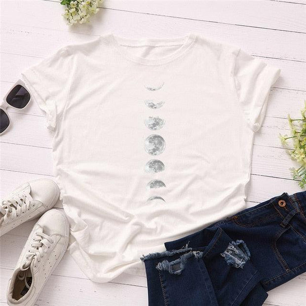 Plus Size S-5XL New Moon Planet Print T Shirt Women Shirts O Neck Short Sleeve Summer T-Shirt Tops - Sunny Side Store