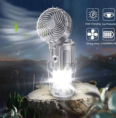 Portable Outdoor LED Camping Lantern With Fan Solar Charge Rechargeable Light Hanging Tent Lamp Fish Flashlight - Sunny Side Store