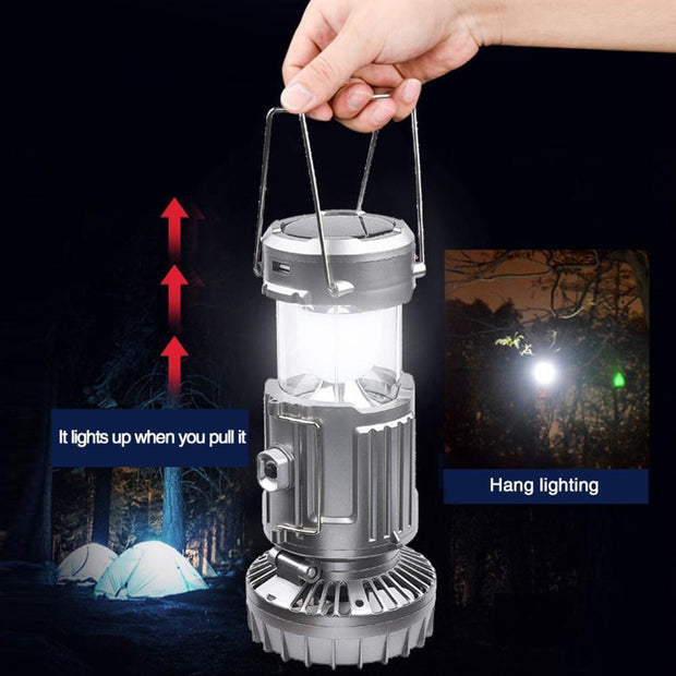 Portable Outdoor LED Camping Lantern With Fan Solar Charge Rechargeable Light Hanging Tent Lamp Fish Flashlight - Sunny Side Store