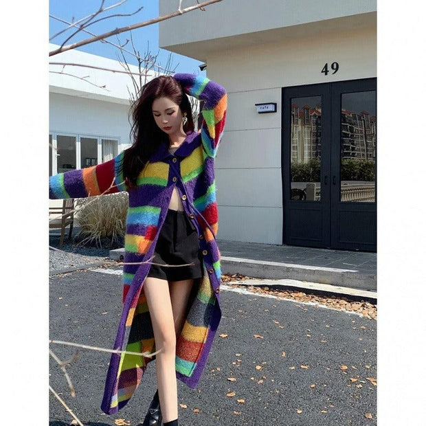 Rainbow Striped Sweater Coat Women's Autumn and Winter eprolo