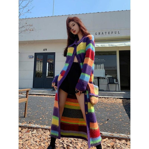 Rainbow Striped Sweater Coat Women's Autumn and Winter eprolo