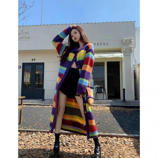 Rainbow Striped Sweater Coat Women's Autumn and Winter eprolo