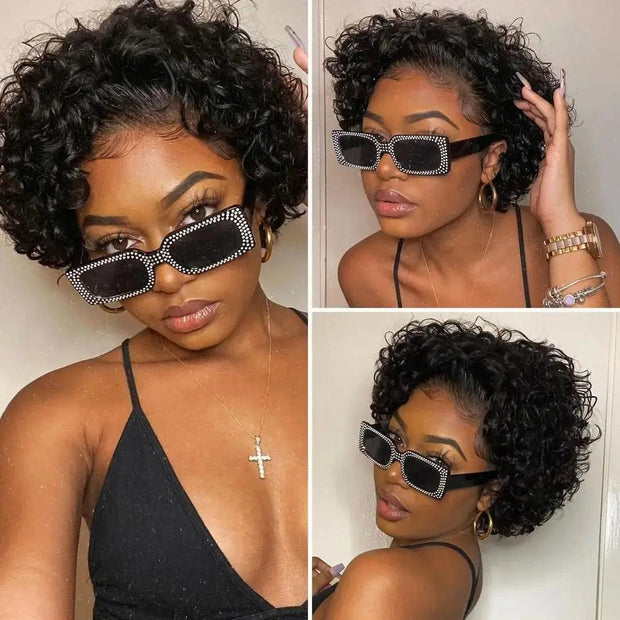 Short Human Hair Wig Bouncy Curly Hair Bob Wigs Natural Brazilian Hair More Cheap Full Machine Glueless Afro Curly Wig Remy - Sunny Side Store