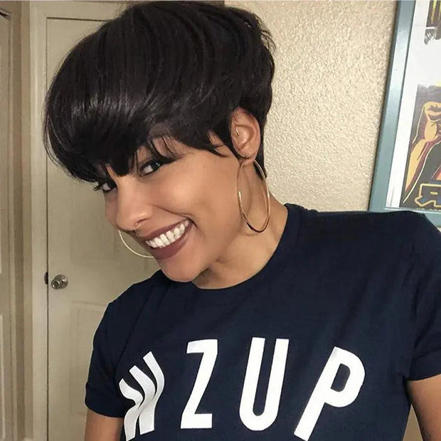 Short Pixie Cut Wigs For Women Human Hair Wigs Short Layered Cut Wigs With Bangs Bob Straight Brazilian Remy Cheaper Natural Wig - Sunny Side Store