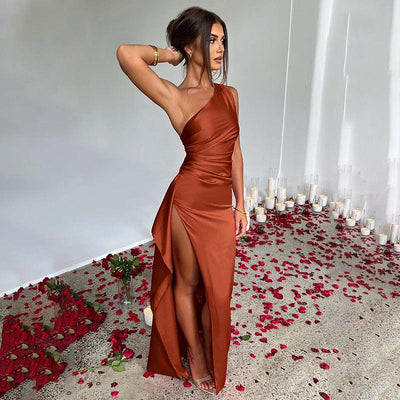 Single shoulder pleated slit sexy satin dress, European and American summer temperament slim fit solid color long skirt - Sunny Side Store