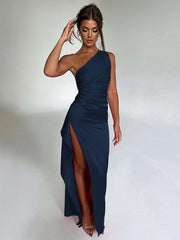 Single shoulder pleated slit sexy satin dress, European and American summer temperament slim fit solid color long skirt - Sunny Side Store