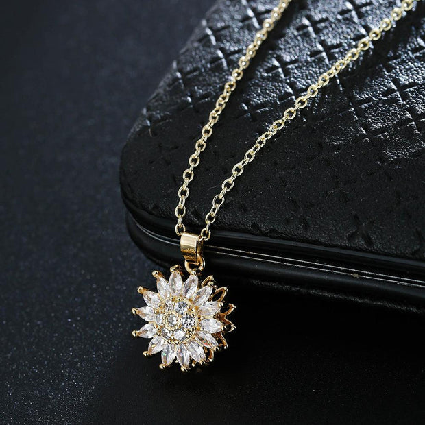 Stainless Steel Rotating Sunflower Pendant Necklace for Women Jewelry Luxury Fashion Zirconia Choker Necklaces Sunny Side Store