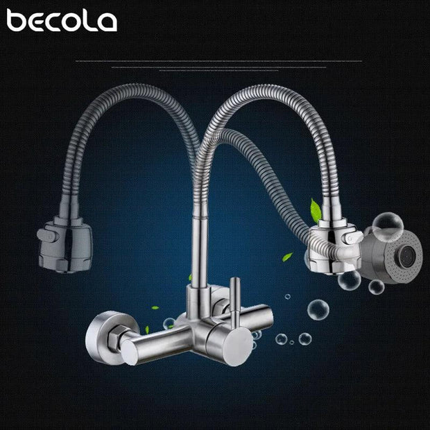 Stainless Steel Wall Mounted Kitchen Faucet Wall Kitchen Mixers Kitchen Sink Tap 360 Degree Swivel Flexible Hose Double Holes - Sunny Side Store