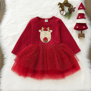 Toddler Kid Baby Girl Xmas Elk DeerClothes Long Sleeve Lace Tutu Tulle Princess Dress Christmas Long Sleeve Warm Gown Dresses - Sunny Side Store