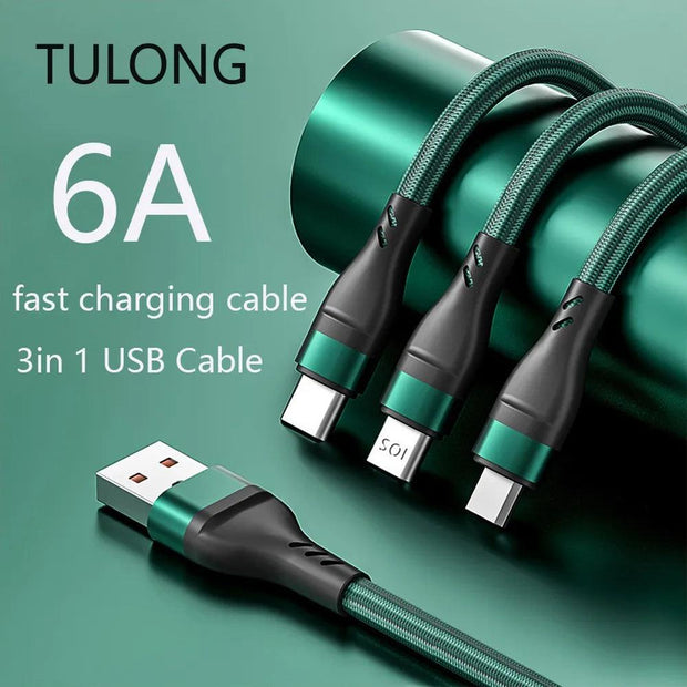 TULONG 6A Super Fast Charge 3n1 USB Charging Cable Nylon Braided Data Cable One Drag Three Apple TYPE-C Huawei Android Universal - Sunny Side Store Sunny Side Store  5.00