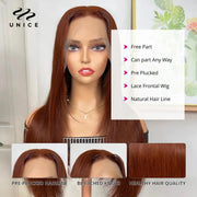 Unice Hair Feathered Layered Cut Reddish Brown 13x4 Lace Front Straight Human Hair Wig Bone Straight Lace Wig for Women - Sunny Side Store