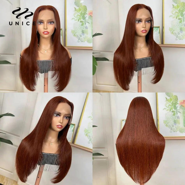 Unice Hair Feathered Layered Cut Reddish Brown 13x4 Lace Front Straight Human Hair Wig Bone Straight Lace Wig for Women - Sunny Side Store