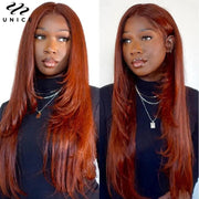 Unice Hair Feathered Layered Cut Reddish Brown 13x4 Lace Front Straight Human Hair Wig Bone Straight Lace Wig for Women - Sunny Side Store