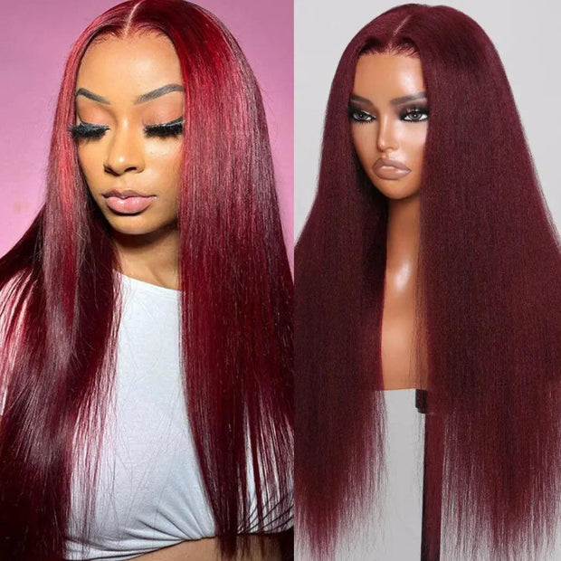 UNice Invisible Knots 7x5 Lace Wig Pre Cut Pre Bleached Pre Plucked Yaki Straight Wig Human Hair 99J Burgundy Lace Front Wigs - Sunny Side Store