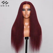 UNice Invisible Knots 7x5 Lace Wig Pre Cut Pre Bleached Pre Plucked Yaki Straight Wig Human Hair 99J Burgundy Lace Front Wigs - Sunny Side Store