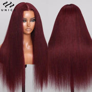 UNice Invisible Knots 7x5 Lace Wig Pre Cut Pre Bleached Pre Plucked Yaki Straight Wig Human Hair 99J Burgundy Lace Front Wigs - Sunny Side Store