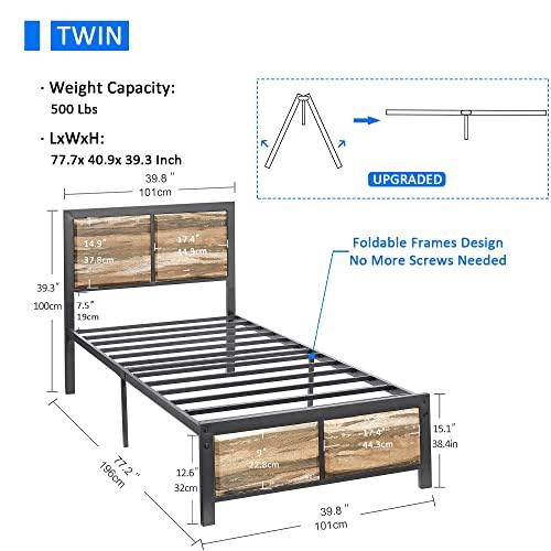 VECELO Twin Size Platform Bed Frame with Black Wood Headboard, Mattress Foundation, Strong Metal Slats Support, No Box Spring Needed Sunny Side Store