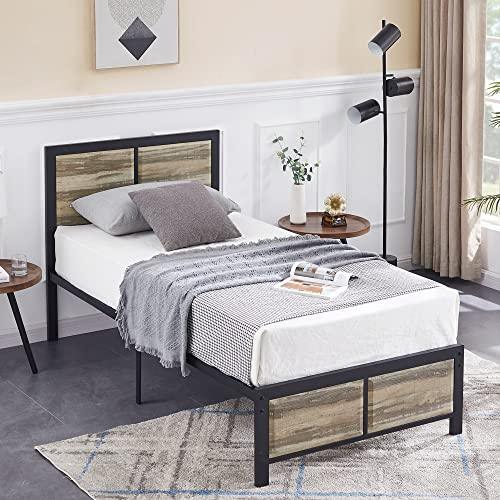 VECELO Twin Size Platform Bed Frame with Black Wood Headboard, Mattress Foundation, Strong Metal Slats Support, No Box Spring Needed Sunny Side Store