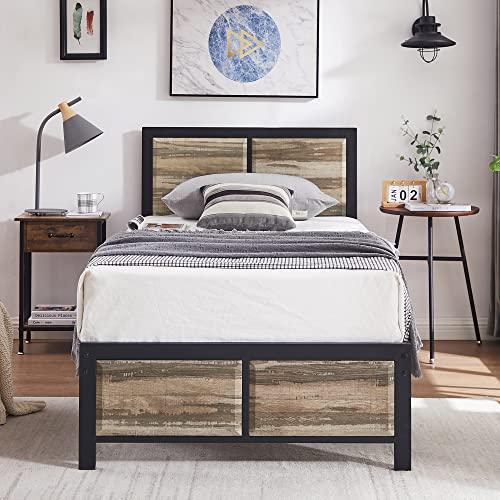 VECELO Twin Size Platform Bed Frame with Black Wood Headboard, Mattress Foundation, Strong Metal Slats Support, No Box Spring Needed Sunny Side Store