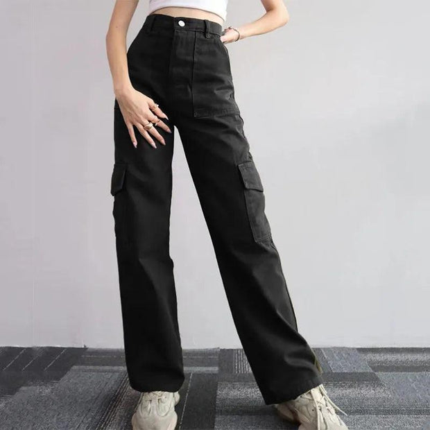 Vintage Straight new style baggy Trousers casual pants waist pocket wide leg pants autumn women's y2k high waist cargo pants - Sunny Side Store