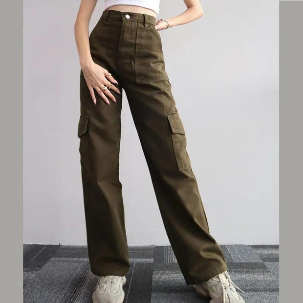 Vintage Straight new style baggy Trousers casual pants waist pocket wide leg pants autumn women's y2k high waist cargo pants - Sunny Side Store