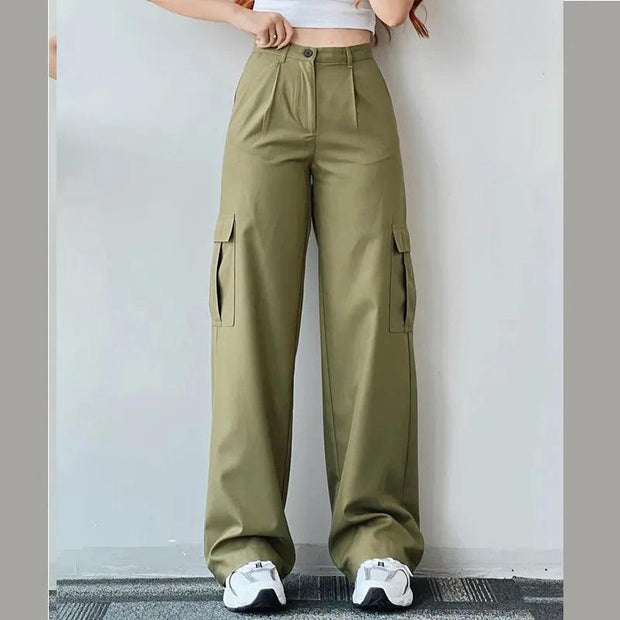 Vintage Straight new style baggy Trousers casual pants waist pocket wide leg pants autumn women's y2k high waist cargo pants - Sunny Side Store