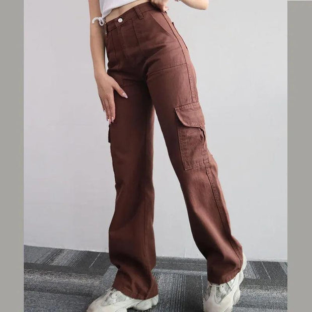 Vintage Straight new style baggy Trousers casual pants waist pocket wide leg pants autumn women's y2k high waist cargo pants - Sunny Side Store