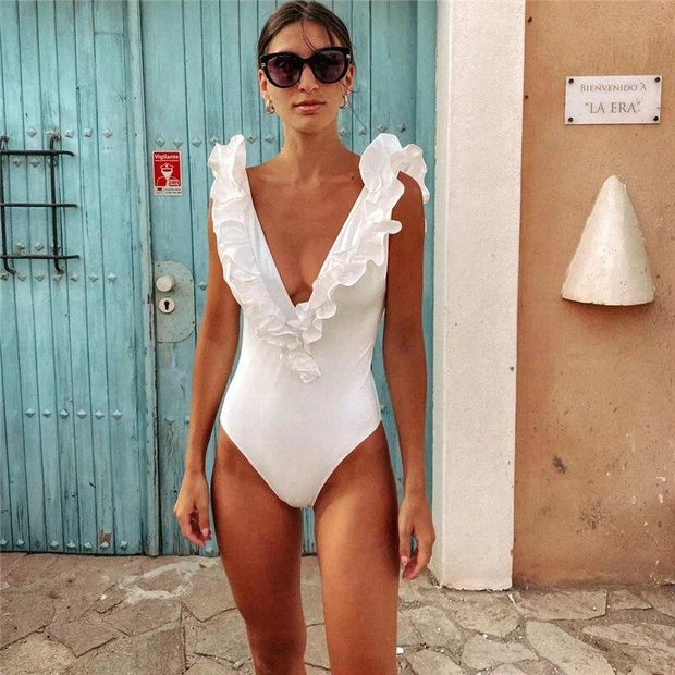 Woman Sexy White Slim V Neck Ruffles Bodysuit - Sunny Side Store