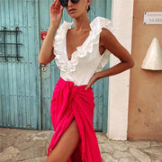 Woman Sexy White Slim V Neck Ruffles Bodysuit - Sunny Side Store