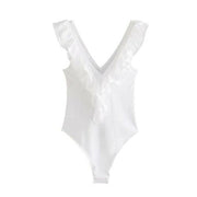 Woman Sexy White Slim V Neck Ruffles Bodysuit - Sunny Side Store