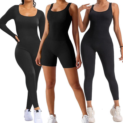 Women Ribbed Yoga Jumpsuits Workout Ribbed Long Sleeve Sport One Piece Tummy Control Seamless Fitness Sportwear - Sunny Side Store