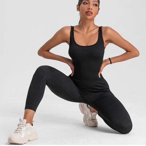 Women Ribbed Yoga Jumpsuits Workout Ribbed Long Sleeve Sport One Piece Tummy Control Seamless Fitness Sportwear - Sunny Side Store