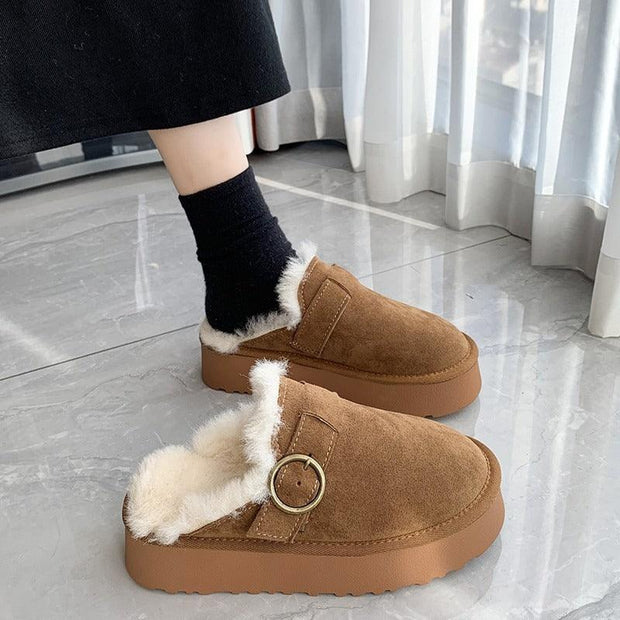 Women Thicken Plush Fur Slippers Winter Slip on Chunky Platform Loafers Mules Woman Thick Bottom Cotton Slippers Flip Flops - Sunny Side Store