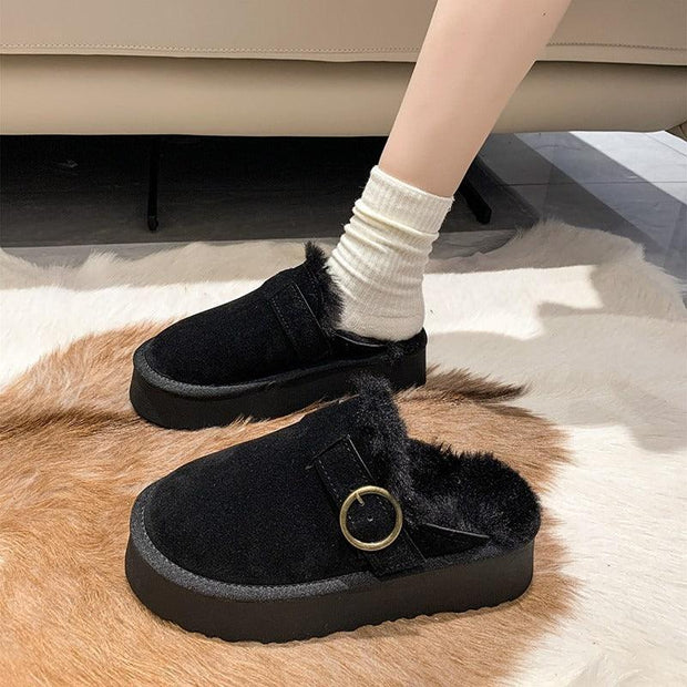 Women Thicken Plush Fur Slippers Winter Slip on Chunky Platform Loafers Mules Woman Thick Bottom Cotton Slippers Flip Flops - Sunny Side Store