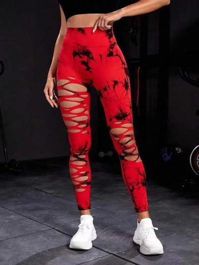 Women Tie Dye Hollow Out Leggings Sports Pants Fitness Sportswear Sexy High Waisted Push Up Gym Tights Red Running Leggings - Sunny Side Store Sunny Side Store  11.35