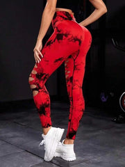 Women Tie Dye Hollow Out Leggings Sports Pants Fitness Sportswear Sexy High Waisted Push Up Gym Tights Red Running Leggings - Sunny Side Store Sunny Side Store  11.35